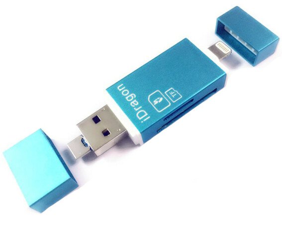 Card Reader iUni Lightning + MicroUSB OTG, Memorie Externa pentru dispozitive iOS si Android, Blue