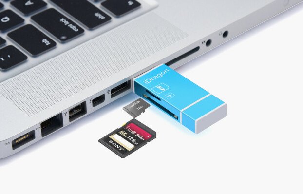 Card Reader iUni Lightning + MicroUSB OTG, Memorie Externa pentru dispozitive iOS si Android, Blue